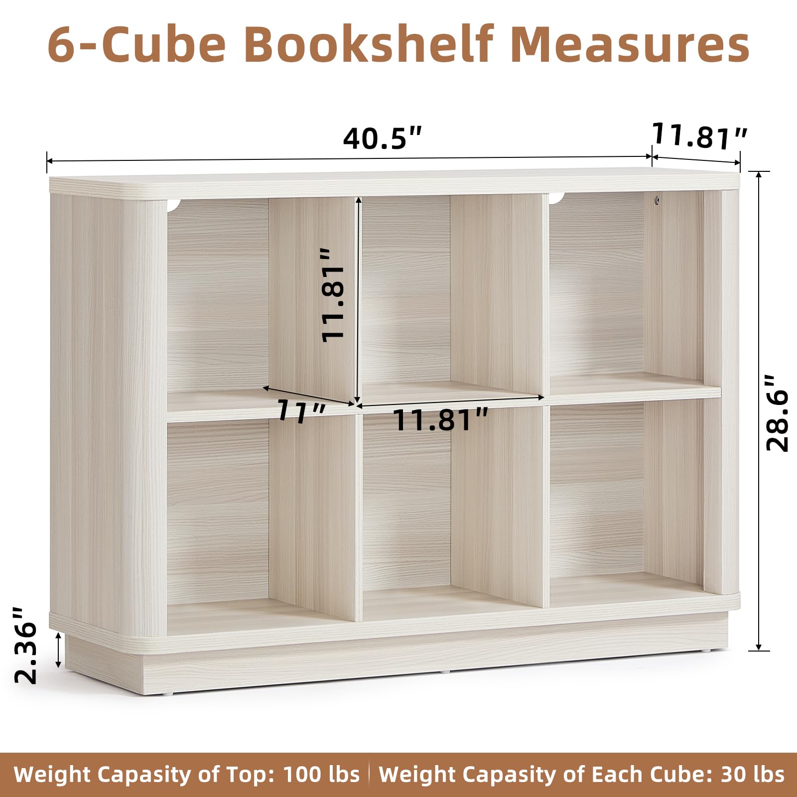 LELELINKY 6 Cube Storage Bookcase, 40" Wide Wooden Book Shelf with Thickened Base, Freestanding 2-Tier Open Book Case Unit with Curved Edge