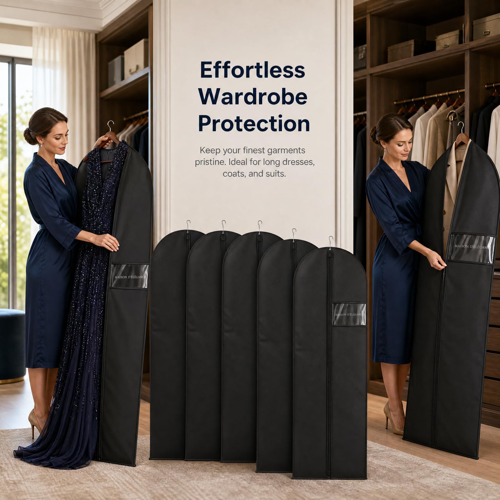 2 Pack Suit Bag and Garment Bags for Long Dress, 140x60cm Black Suit Covers for Men and Women
