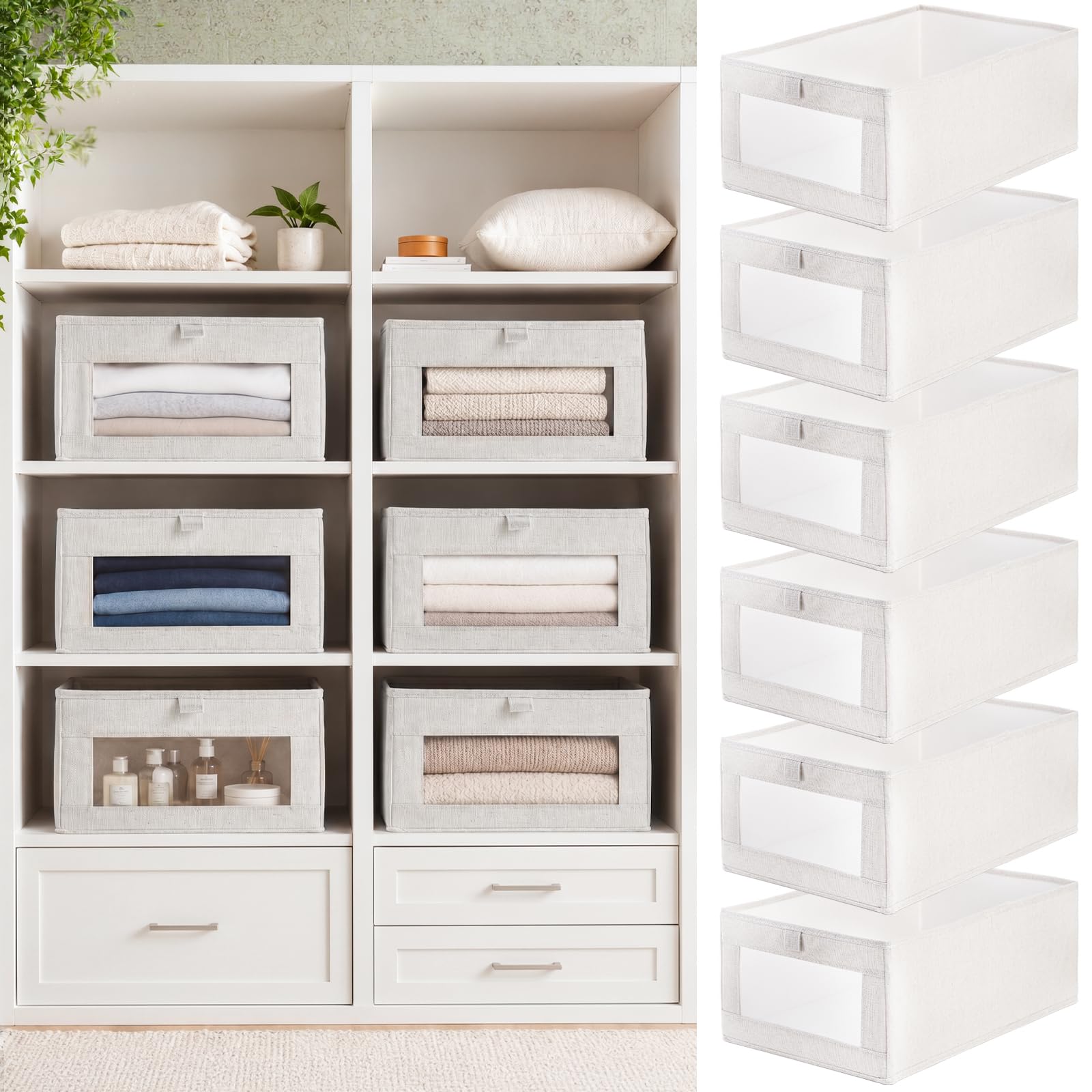 Coloch 6 Pack Wardrobe Clothes Organiser, Collapsible Closet Storage Box Fabric Clothing Organizer Stackable Organizer Basket with Clear Window for