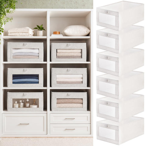 Coloch 6 Pack Wardrobe Clothes Organiser, Collapsible Closet Storage Box Fabric Clothing Organizer Stackable Organizer Basket with Clear Window for