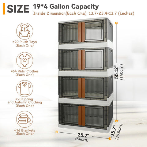 AssHMKIT Storage Cabinet, Extra Large Bin with Lids, 19 Gallon(72L) Each One, 4 Packs, Useful Box with Door and Buckles, Foldable, Transparent