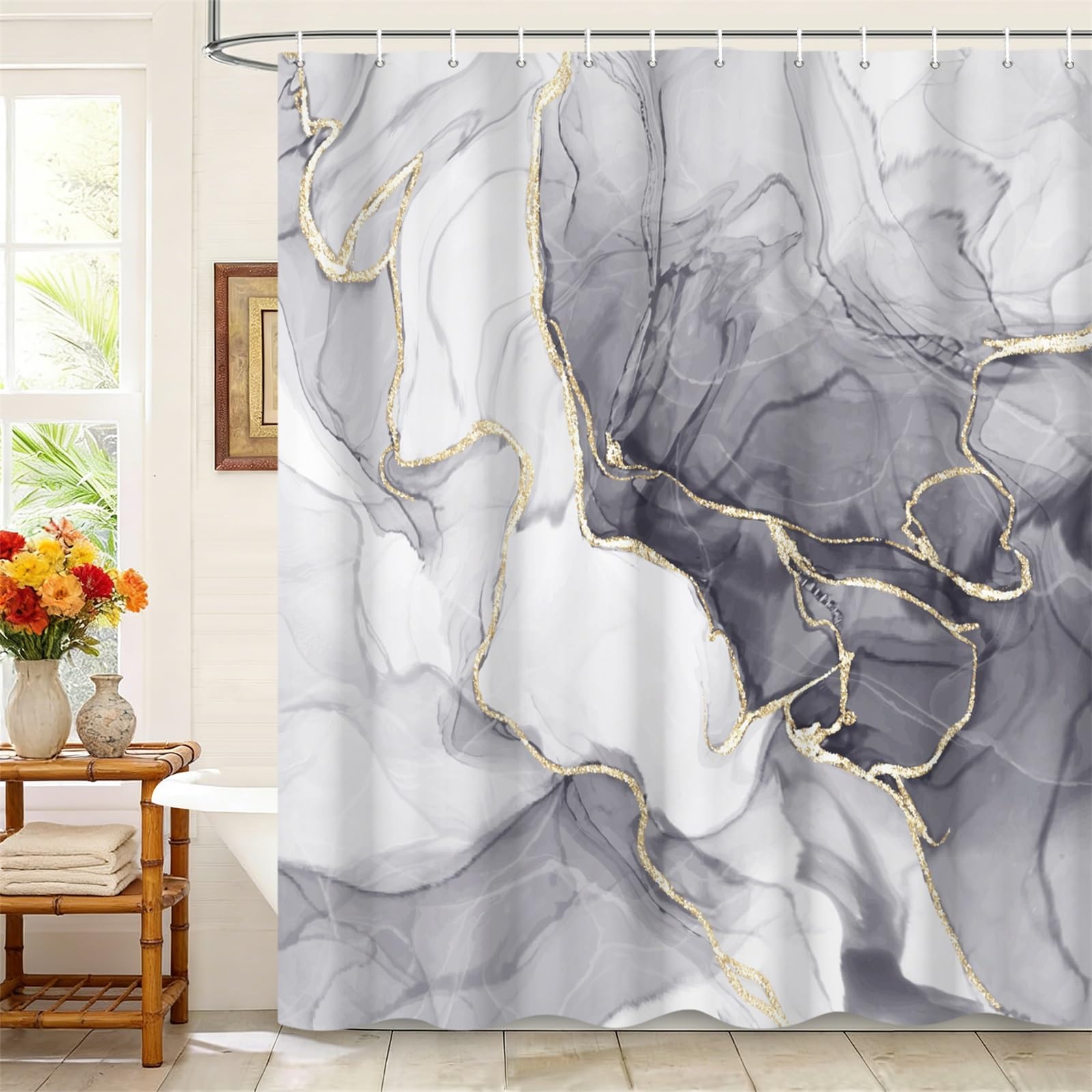 Kzzfqxb 180x200cm Shower Curtains with Plastic Hooks, Waterproof Occluded Grey Marble Texture Golden Curve Lines Flowing Smoke Art Pattern for Bath