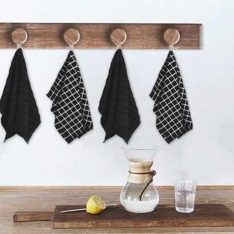 samsto Kitchen Towels Cotton Black - Tea Towels Absorbent - Thick Dish Hand Towels for Kitchen with Hanging Loops, 45x65cm, 4 Pack