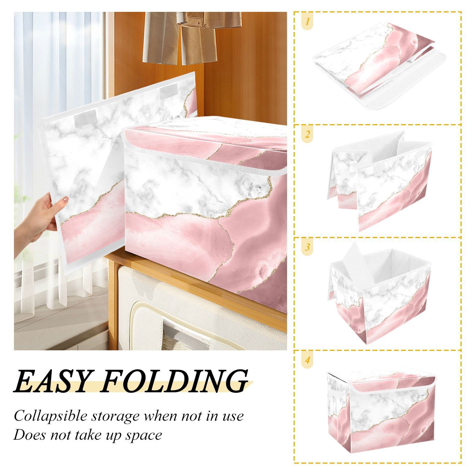 Mnsruu Storage Boxes with Lids, Rose Gold Marble Gilt Large Storage Basket Organizer Shelves Cube Bin Toy Clothes Underbed