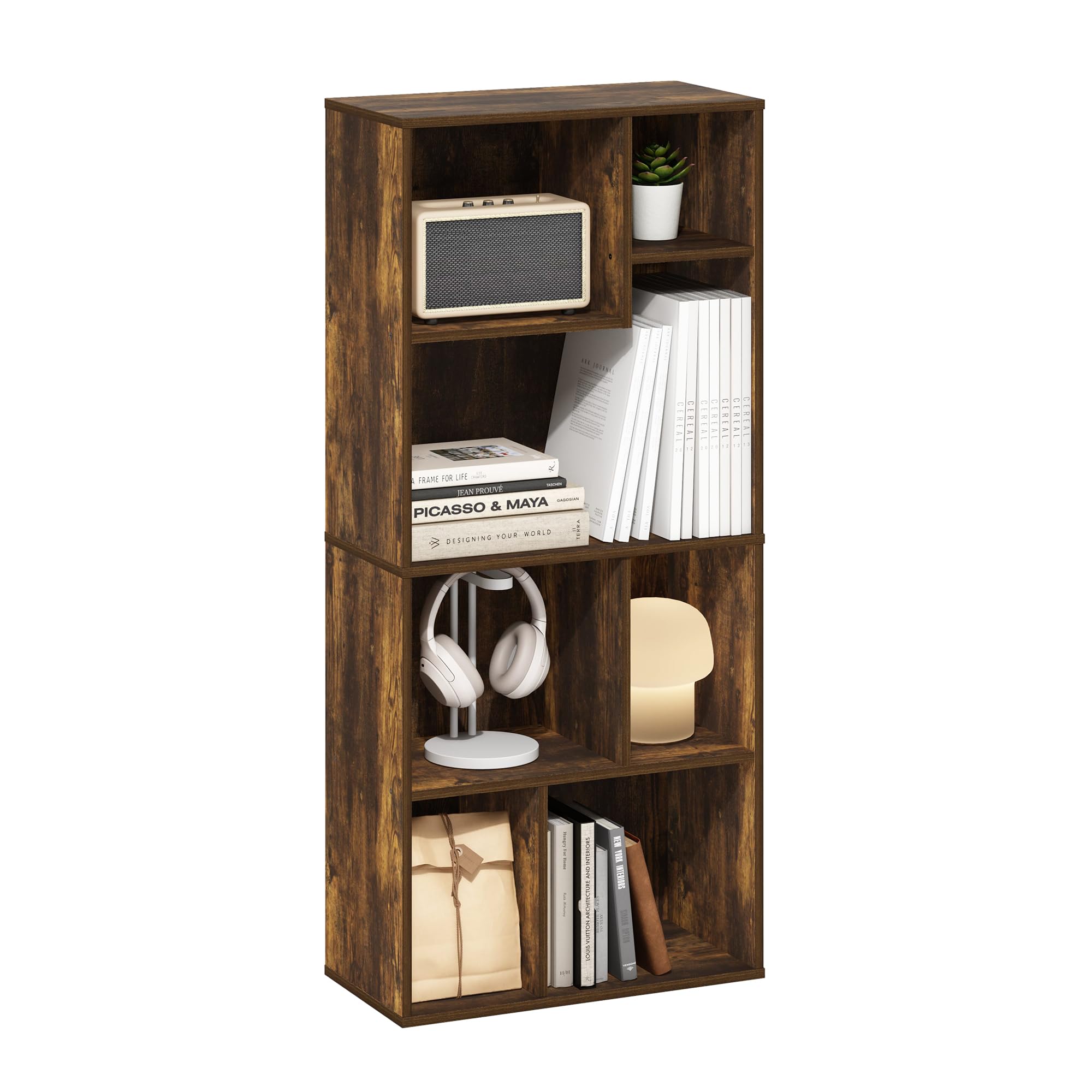 Furinno DALY Book Shelf, 7-Cube Bookshelf, Cube Storage Organizer Bookcase with Irregular Compartments, 24.1 x 48.0 x 106.9 cm, for Living Room