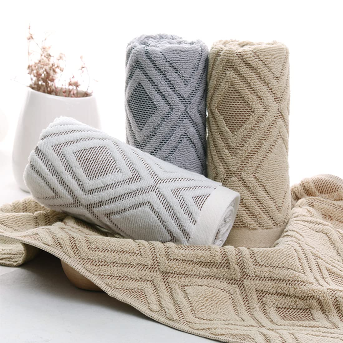 Pidada Hand Towels Set of 4 Diamond Pattern 100% Cotton Absorbent Soft Decorative Towel for Bathroom (Beige Brown)