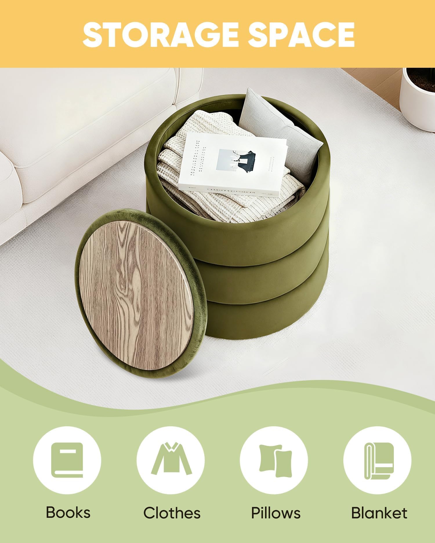 Bonlife Storage Ottoman Round - Folding Foot Rest with Hidden Storage, Olive Velvet 39x39x37cm for Living Room, Bedroom & Hallway