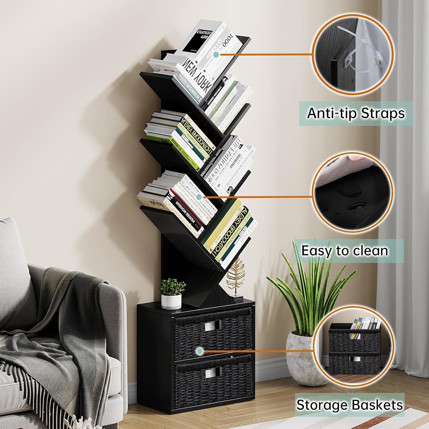 Vagusicc 6 Tier Tree Bookshelf, Modern Floor Standing Bookcase with Storage Drawer, Space Saving Storage Organizer Book Shelves for Books