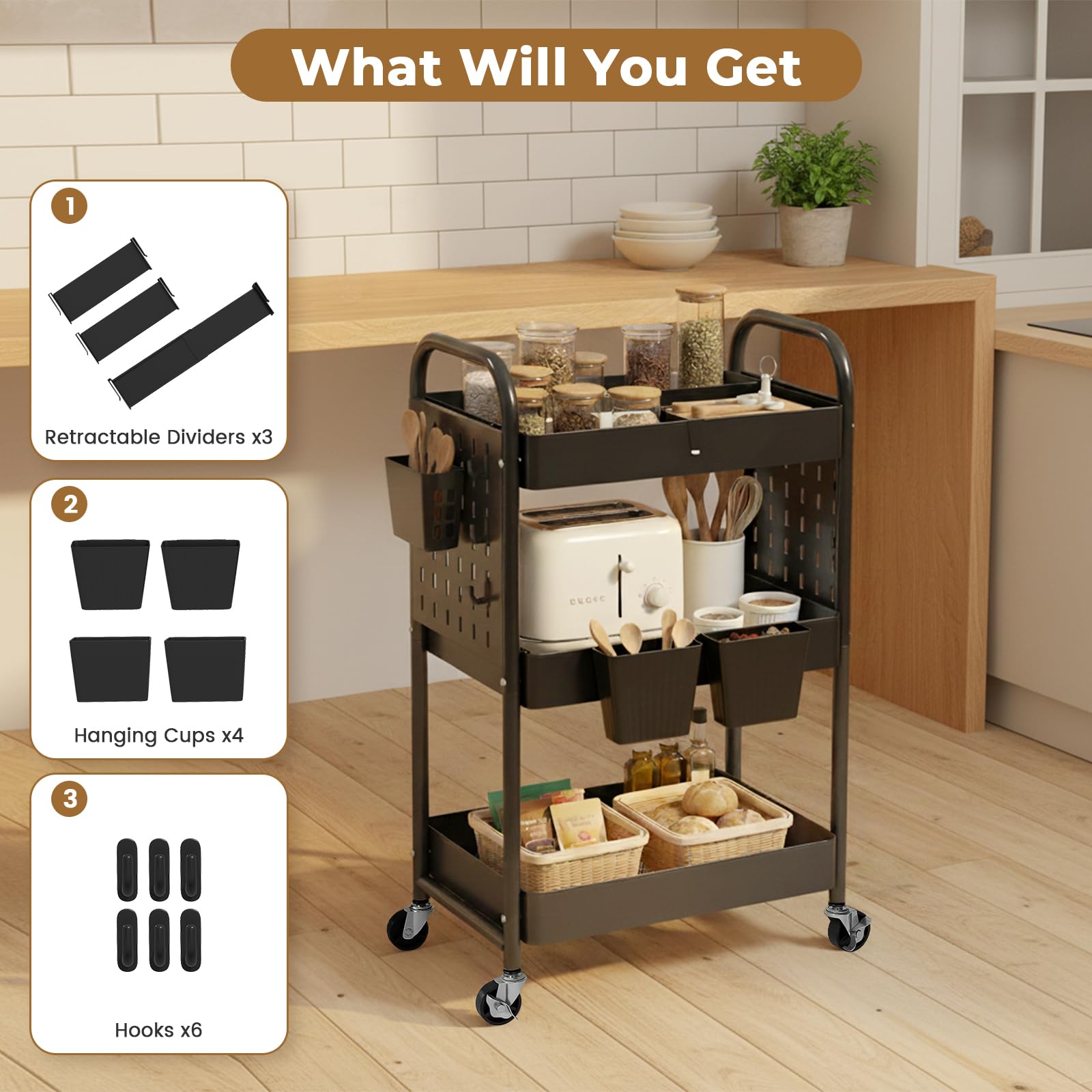 danpinera 3 Tier Rolling Cart, Metal Utility Cart with DIY Pegboard, Rolling Carts with 3 Dividers