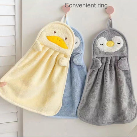 Qinsky Cute Animal Hand Towels, 3Pcs Soft Coral Fleece Microfiber Hand Towels, Super Absorbent, Quick Dry, Blue, Grey, Yellow