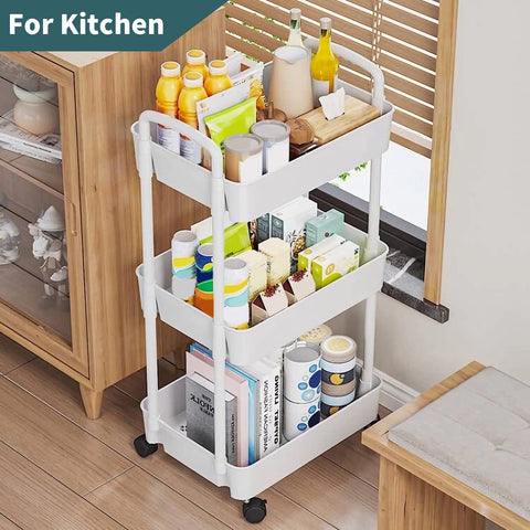 EZ COZY 3-tier Storage Trolley On Wheels - Kitchen Storage Utility Cart Rolling Storage Organiser for Kitchen Bathroom Laundry and Office, White
