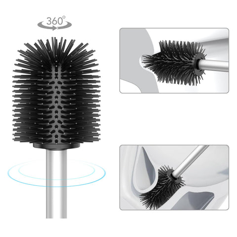 WAVEWO Silicone Toilet Brush with 2 Brush Heads, 7 cm Diameter Toilet Brush Made of 304 Stainless Steel for Bathroom Cleaning (Silver)