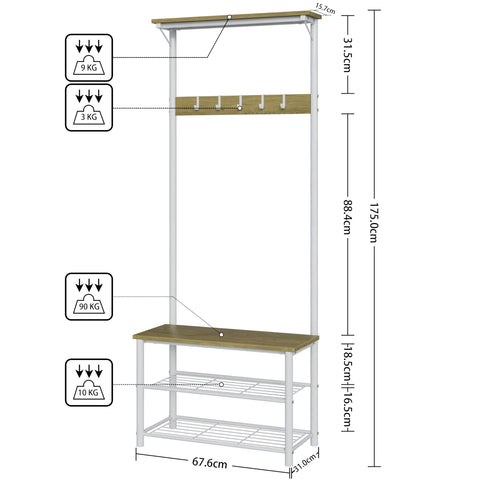 HEYZOEY Coat Stand, Coat Rack with Shoe Storage, 3-in-1 Freestanding Wooden Coat Rack with Shoe Bench and Rack, 3-Tier Shelf and 4 Removable Hooks