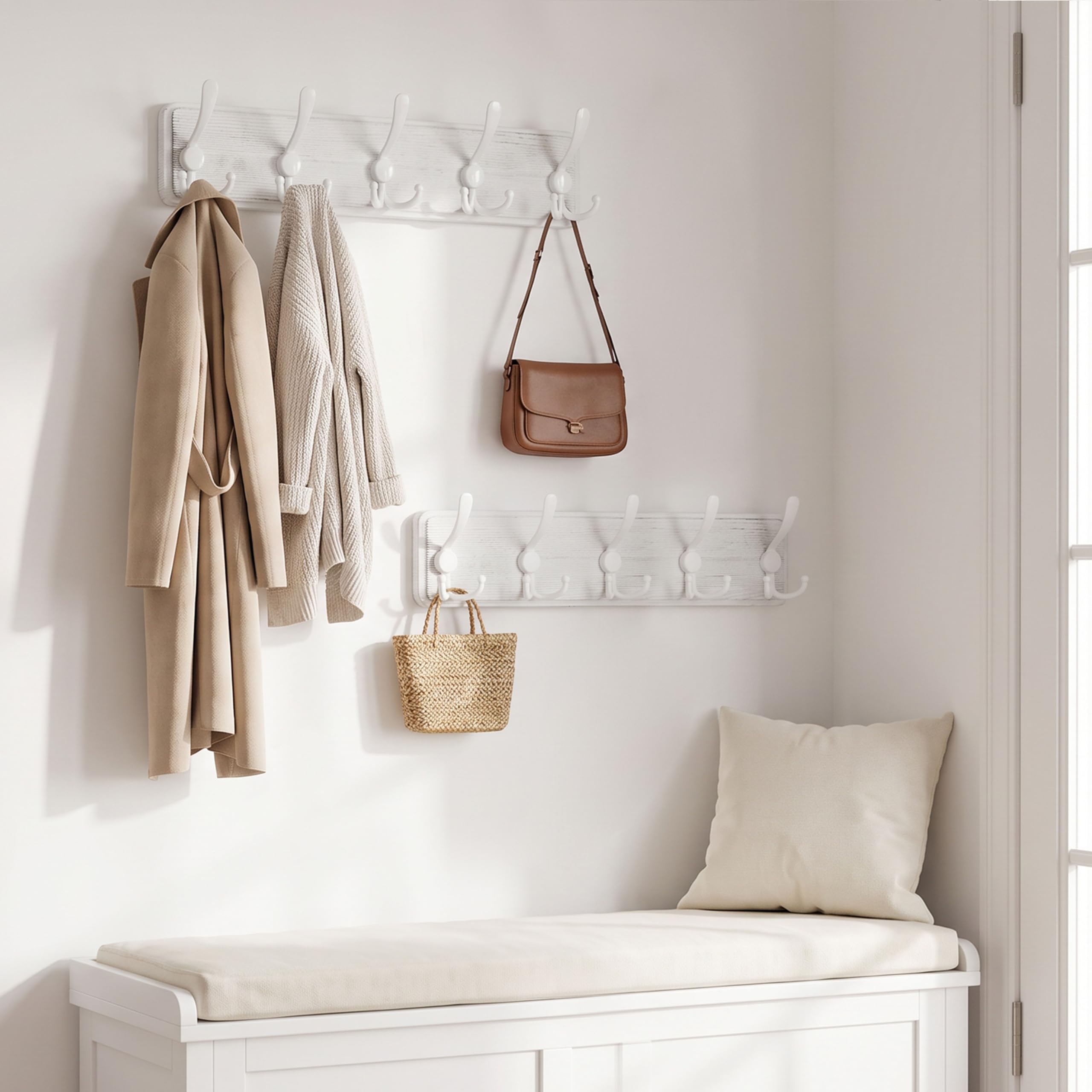 WEBI Coat Rack Wall Mounted,Wood Coat Hooks Wall Mount,16" Hole to Hole,Coat Hanger Wall Hook Rack Rail,5 Triple Hooks for Hanging