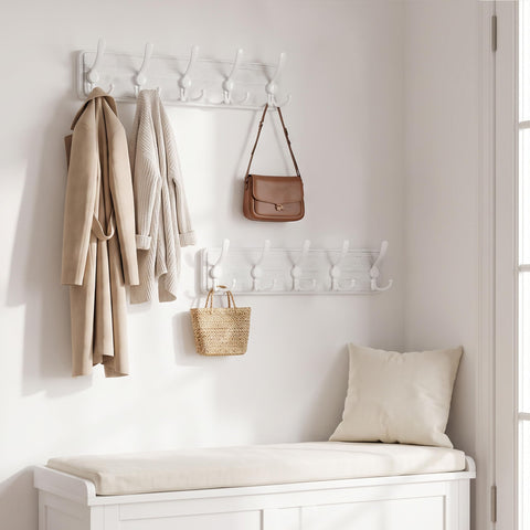 WEBI Coat Rack Wall Mounted,Wood Coat Hooks Wall Mount,16" Hole to Hole,Coat Hanger Wall Hook Rack Rail,5 Triple Hooks for Hanging