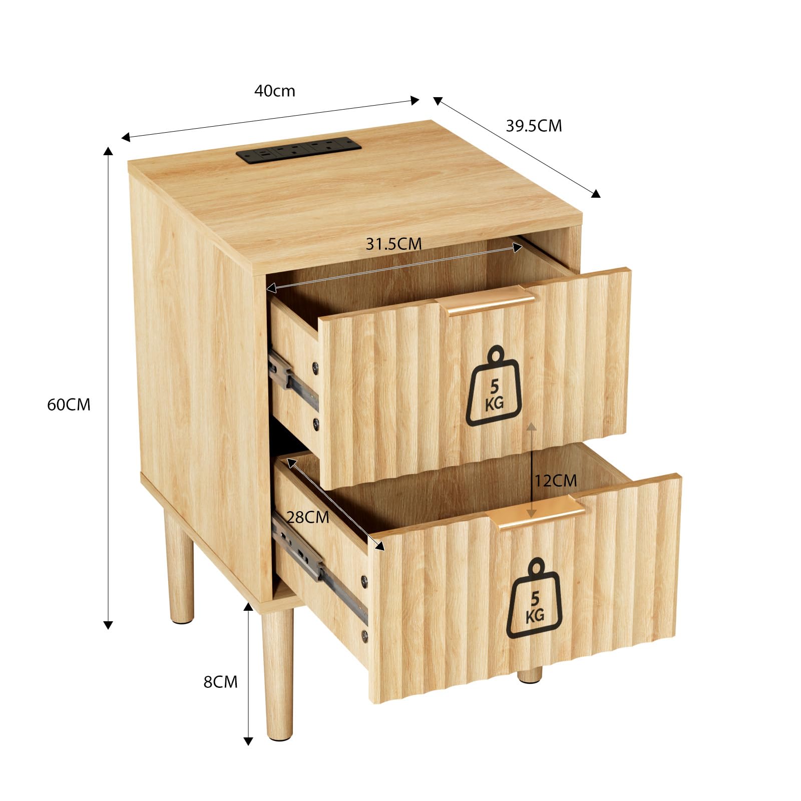 Karl home Bedside Table Set of 2, Wood Grille Nightstand Side End Table,Oak