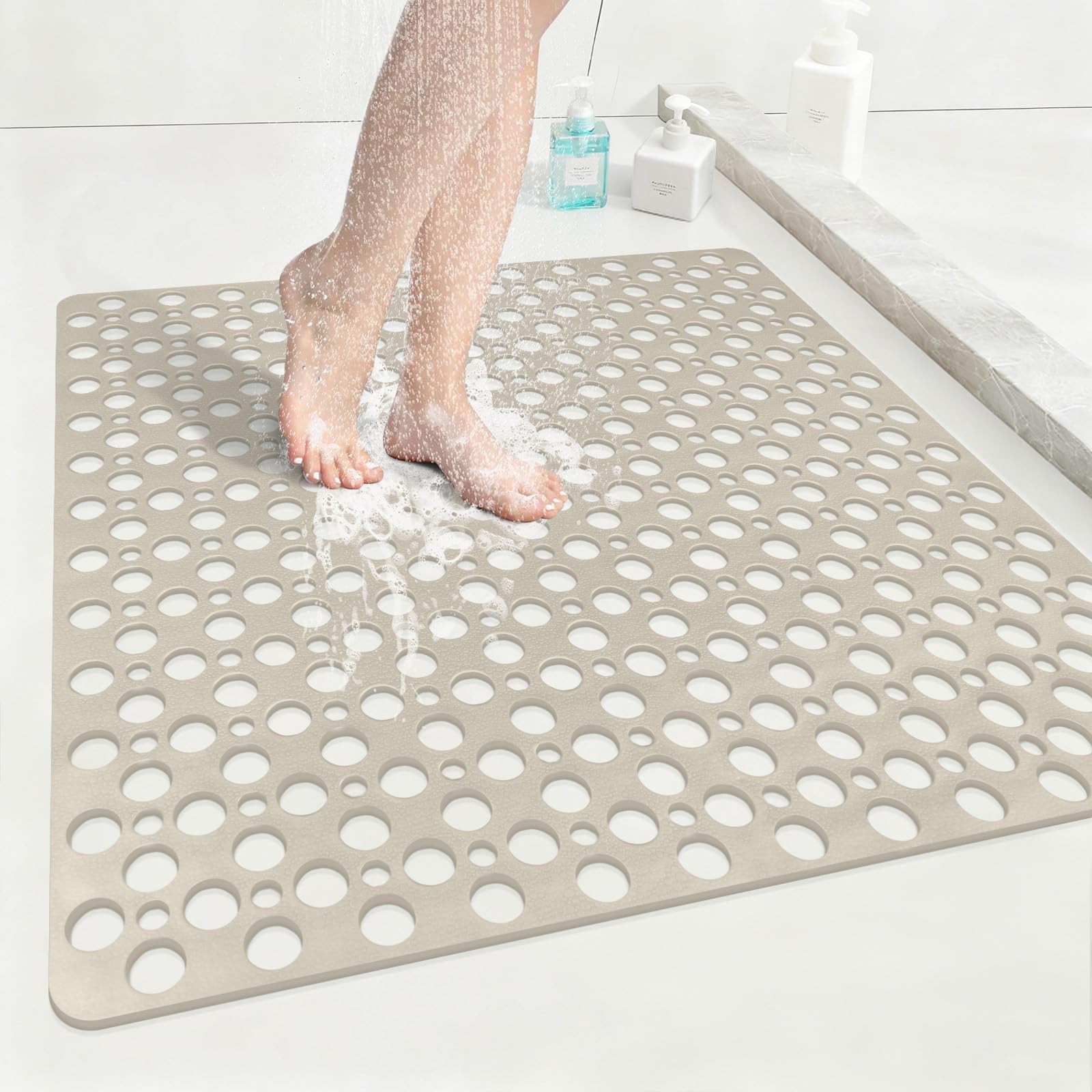 Anti Slip Shower Mat with Suction Cups,70x70cm Quick Drain TPE Non Slip Shower Mats for Inside Shower,Large Bath Mat for Shower Soft on Feet