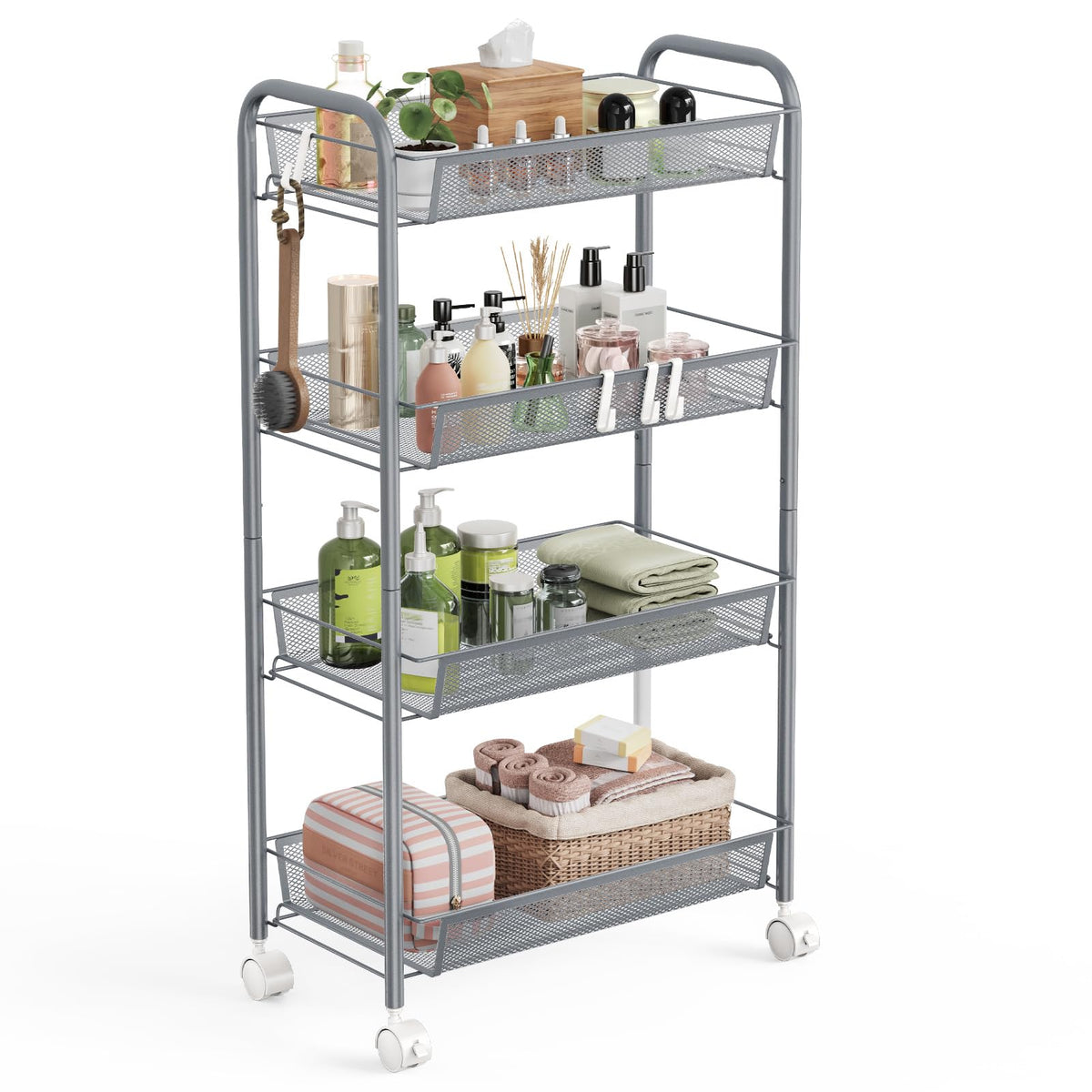 WELDUN 4-Tier Storage Trolley, Meatl Rolling Cart, Mesh Storage Cart Gray