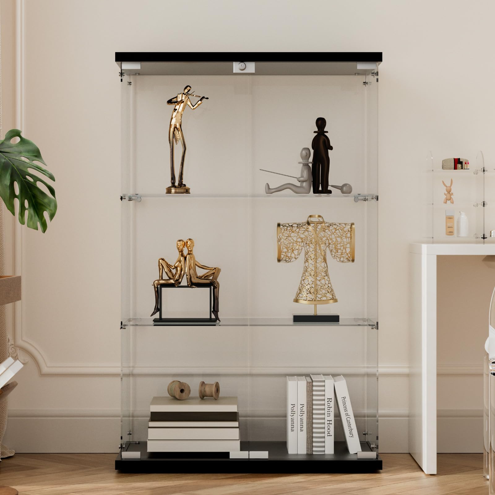 Beauty4U 3-Shelf Double Door Glass Display Cabinet, 125cm Tall, Black