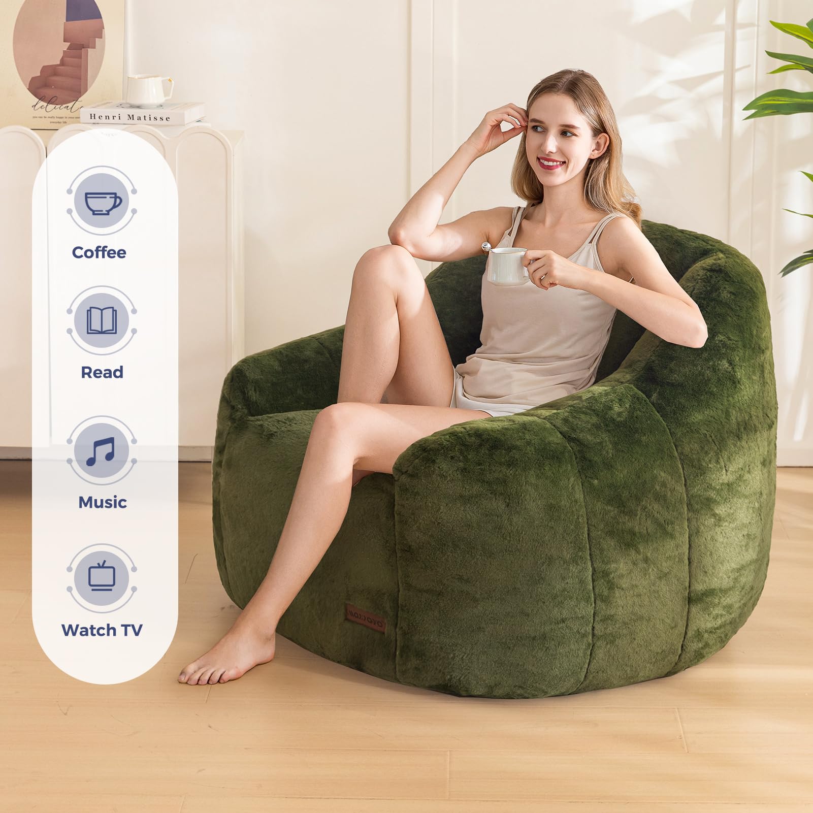 MAXYOYO Bean Bag Chair for Adults or Children, Soft Faux Fur Floor Single with Filling, Comfy Bean Bag Sofa with Back Support, Accent Chair