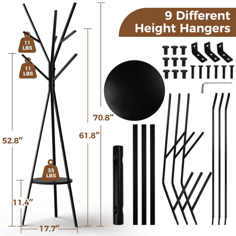 HOME BI Coat Rack Stand, Entryway Standing Coat Tree,Hat Stand Coat Hanger with 9 Hooks for Holding Jacket, Handbag, Clothes, Hats, and Scarves, Black