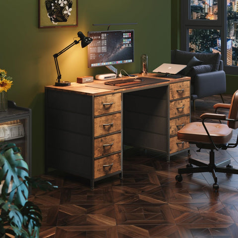 MUTUN 120cm Computer Desk with 8 Drawers, Home Office Desk with Power Outlets, Modern Table with Large Storage for Writing, Study, Rustic Brown