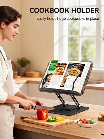 tounee Book Stand, 360° Rotating Reading Book Holder, Adjustable Cookbook Stand for Hands-Free Reading, Foldable Desktop Book Holder for All Books