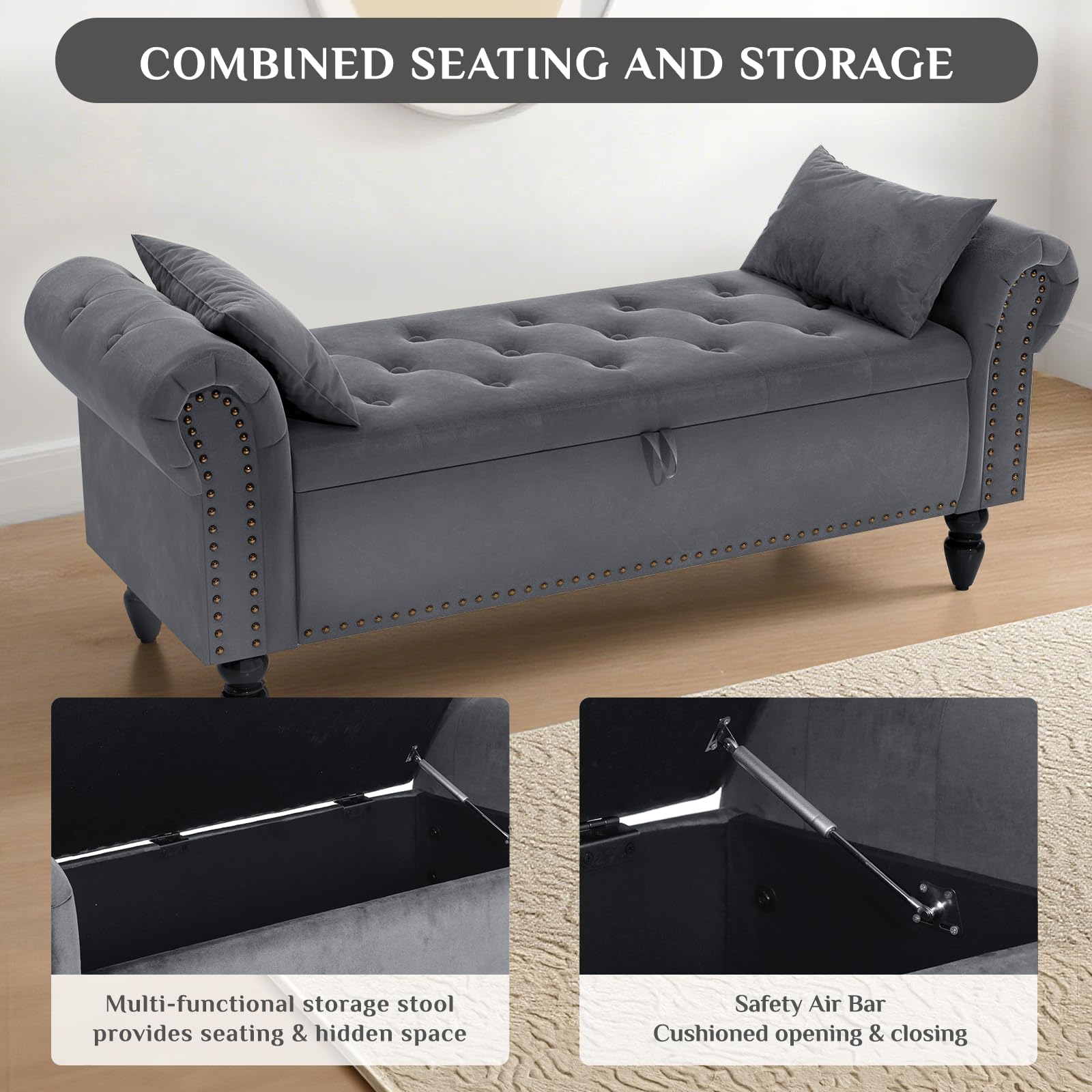 Clevich Ottoman Storage Bench, Velvet End of Bed Storage Box with Lid, Sturdy Wood Legs Footrest, 168KG Load Capacity