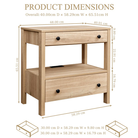 MINCETA Nightstand with Charging Station, Wood Storage End Table with 2 Drawers & Open Shelf