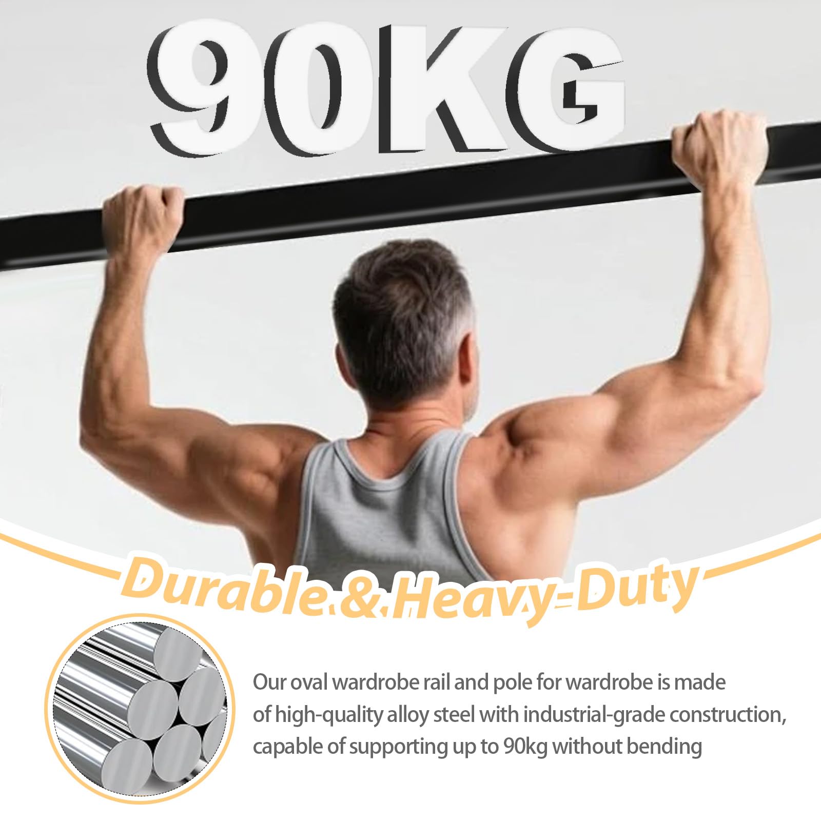 Adjustable Pole For Wardrobe, Heavy Duty Hanging Rail Wall Mounted with 2 Brackets, Stainless Steel Clothes Rail Wall Mounted