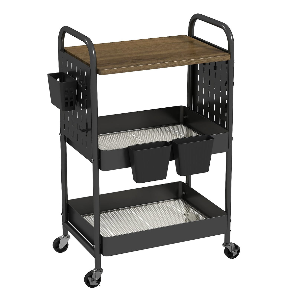 danpinera 3 Tier Rolling Cart, Metal Utility Cart with Wooden Table Top & DIY Pegboard, Rolling Carts