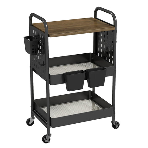 danpinera 3 Tier Rolling Cart, Metal Utility Cart with Wooden Table Top & DIY Pegboard, Rolling Carts