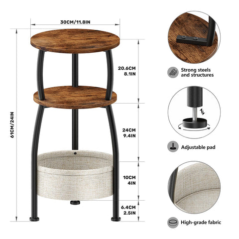 Yuede Round Side Table, 3 Tier Bedside Table, Small End Table with Fabric Basket, Coffee Table for Living Room, Bed Room, Small Space, Easy Assembly