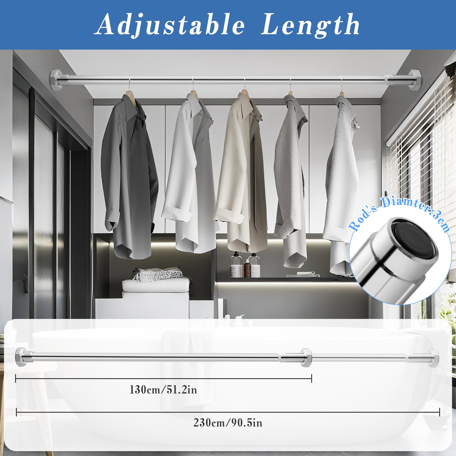 DEWEL Stainless Steel Shower Curtain Pole, 130-230cm Extendable No Drill Shower Curtain Rod Net Voile Curtains Rail