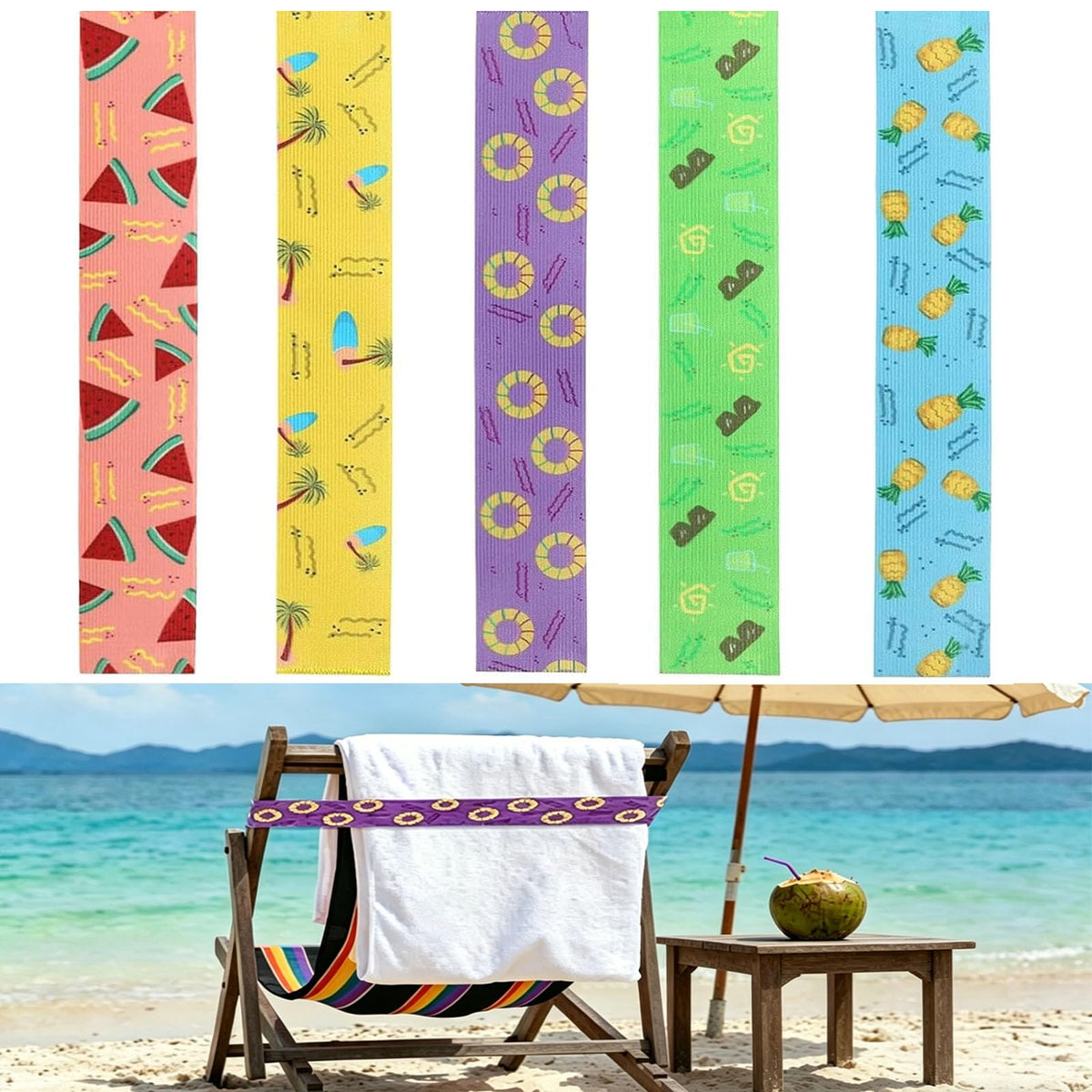 YouthLoxus 5PCS Beach Towel Bands for Sun Loungers, Elastic Windproof Sunbed Towel Bands, Non-Slip Chair Towel Holders for Pool