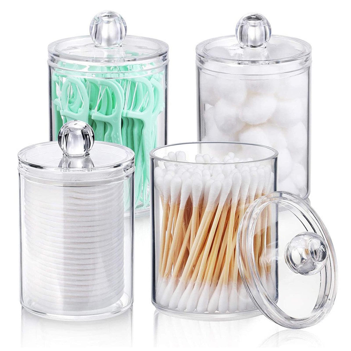 Tharvolex Clear Plastic Cotton Bud Holder 10 Oz Bathroom Jars with Lids - 4 Pack for Cotton Pads and Balls