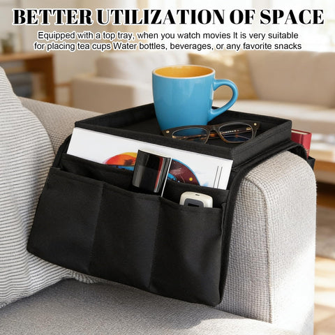 LCFVOFU Sofa Armrest Organizer with Tray, Armchair Tray with 4 Bags, Sofa Arm Table for TV Remote Drinks Magazine Book Phone Snacks Glasses