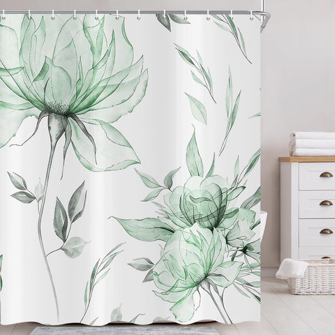 ASDCXZ Watercolor Floral Shower Curtain 180x200 cm, Ink Painting Style Green Flowers Leaves Spring Plants Waterproof Bath Curtain Polyester Textile