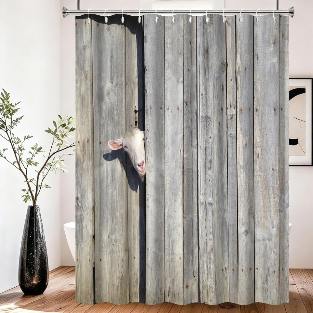 Xiaoterna Rustic Shower Curtain Farm Animal Bathroom Curtain Rustic Wooden Door Cute Sheep in Rustic Wooden Cottage Farmland Waterproof Mildew