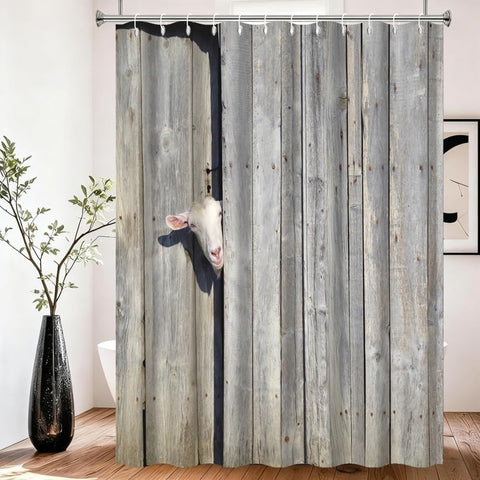 Xiaoterna Rustic Shower Curtain Farm Animal Bathroom Curtain Rustic Wooden Door Cute Sheep in Rustic Wooden Cottage Farmland Waterproof Mildew