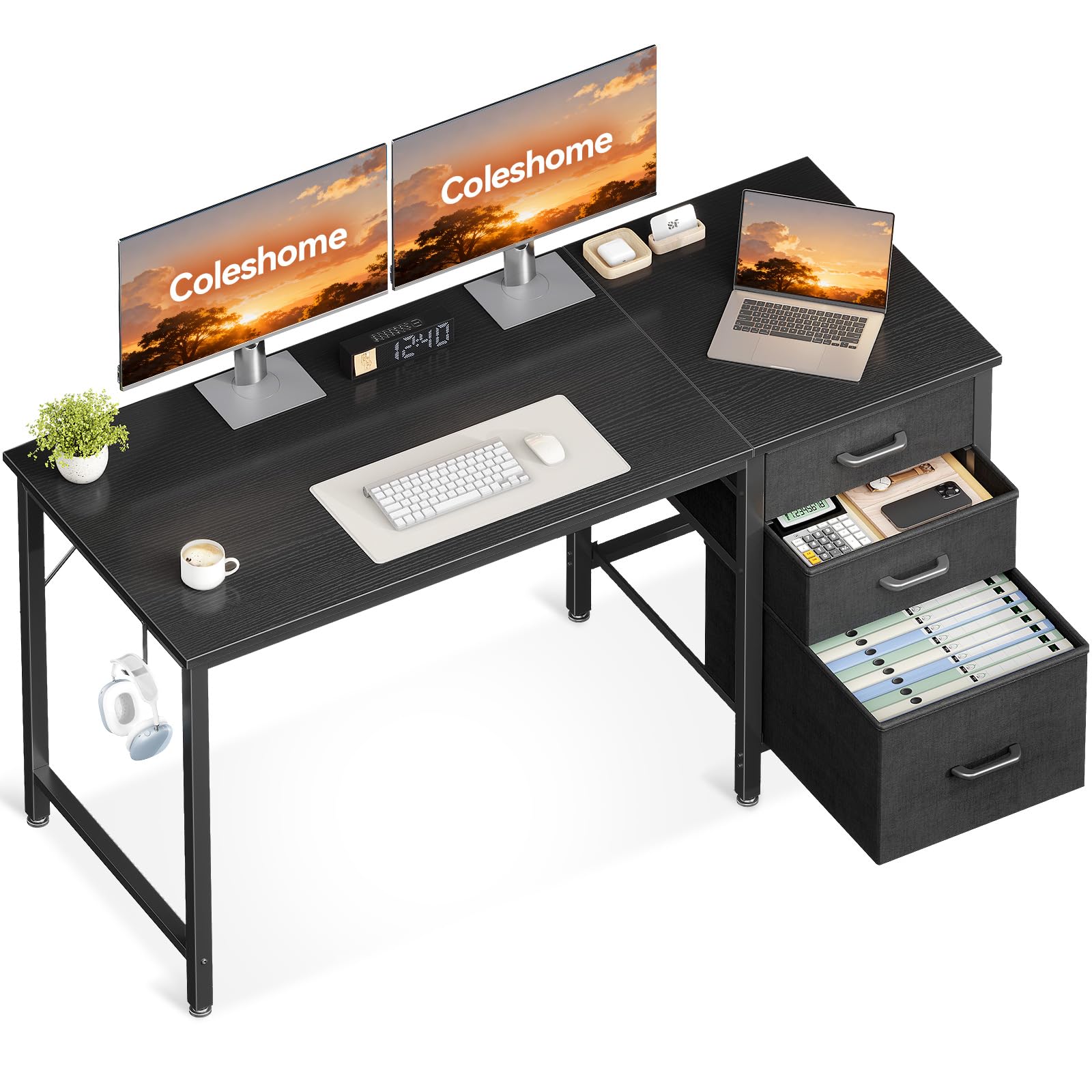 Coleshome Computer Desk with Drawers, 120cm Office Desk with Storage, Black