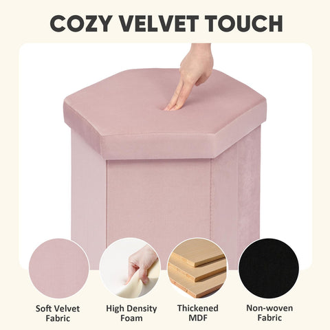 PINPLUS Hexagonal Storage Ottoman, Velvet Foldable Footstool, Pink