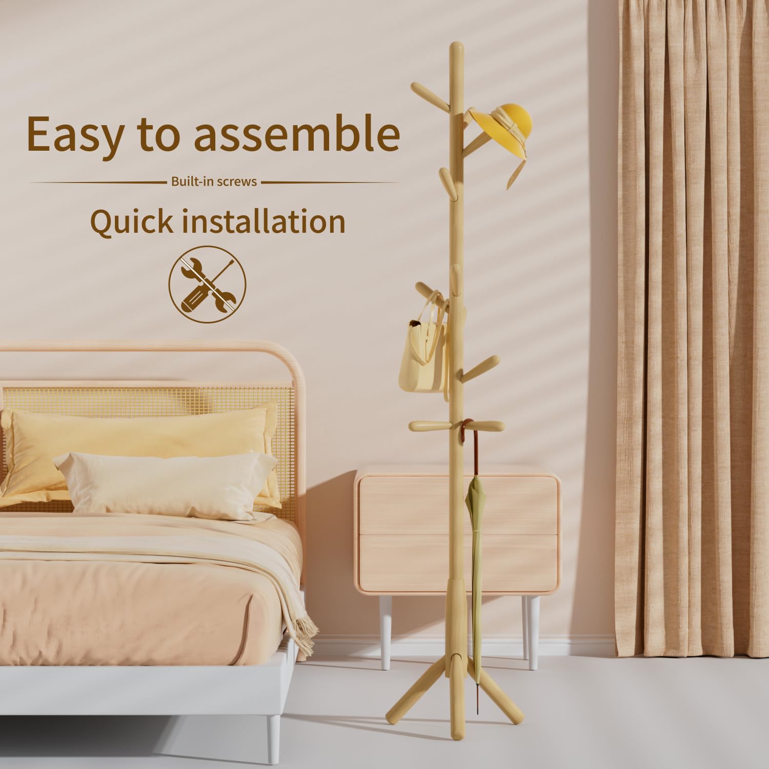 Solid Wood Coat Rack, Freestanding Tree-Shaped Coat Rack with 11 Hooks, Main Pole 1.6" dia for Clothes, Hat Stand Used in Bedroom/Office/Entryway