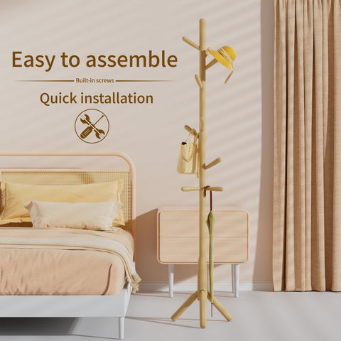 Solid Wood Coat Rack, Freestanding Tree-Shaped Coat Rack with 11 Hooks, Main Pole 1.6" dia for Clothes, Hat Stand Used in Bedroom/Office/Entryway