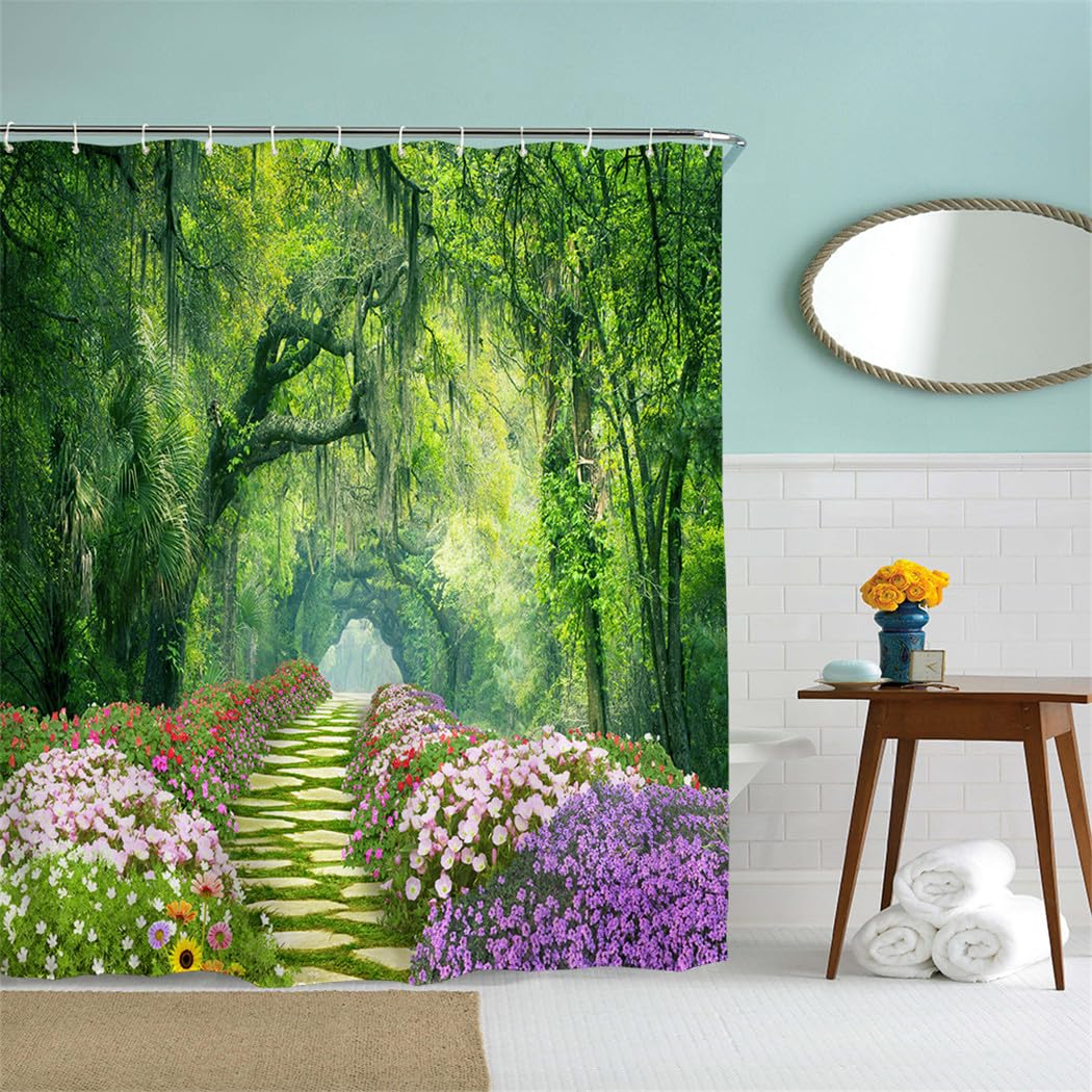 goodbath Garden Shower Curtain, 3D Outdoor Shower Curtains Forest Trees Rose Flowers Floral Anti Mould Waterproof Bath Curtains for Bathroom Wetroom