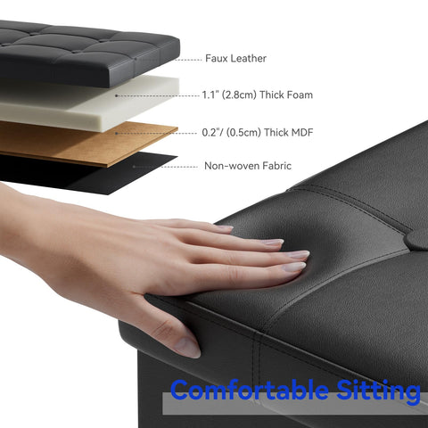 BRIAN & DANY Folding Ottoman Bench Storage Box with Lid, Large Storage Seat Faux Leather Footstool Toy Storage Box, Black, 80 x 40 x 40 cm