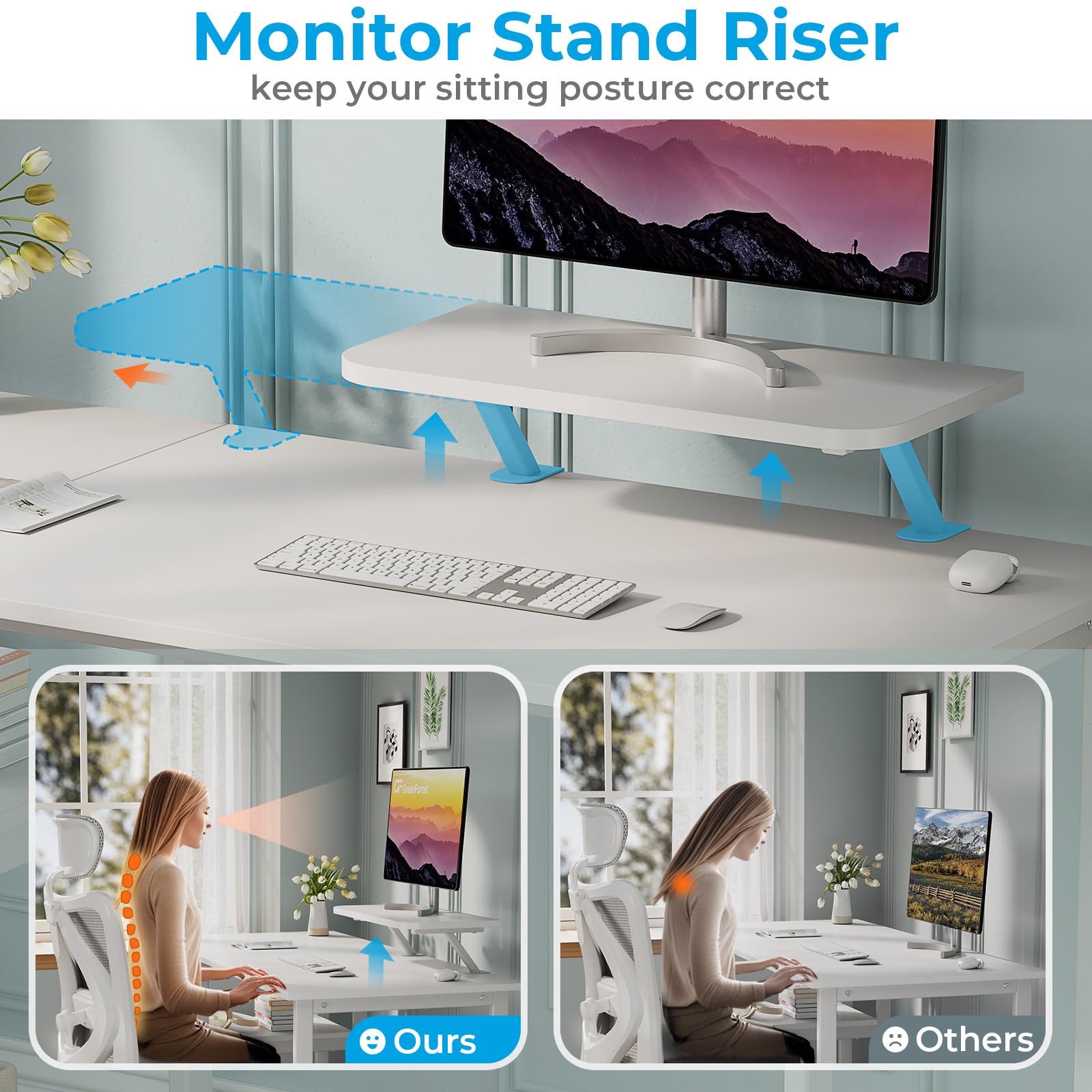 GreenForest Office Desk 120cm with Monitor Stand, Full White
