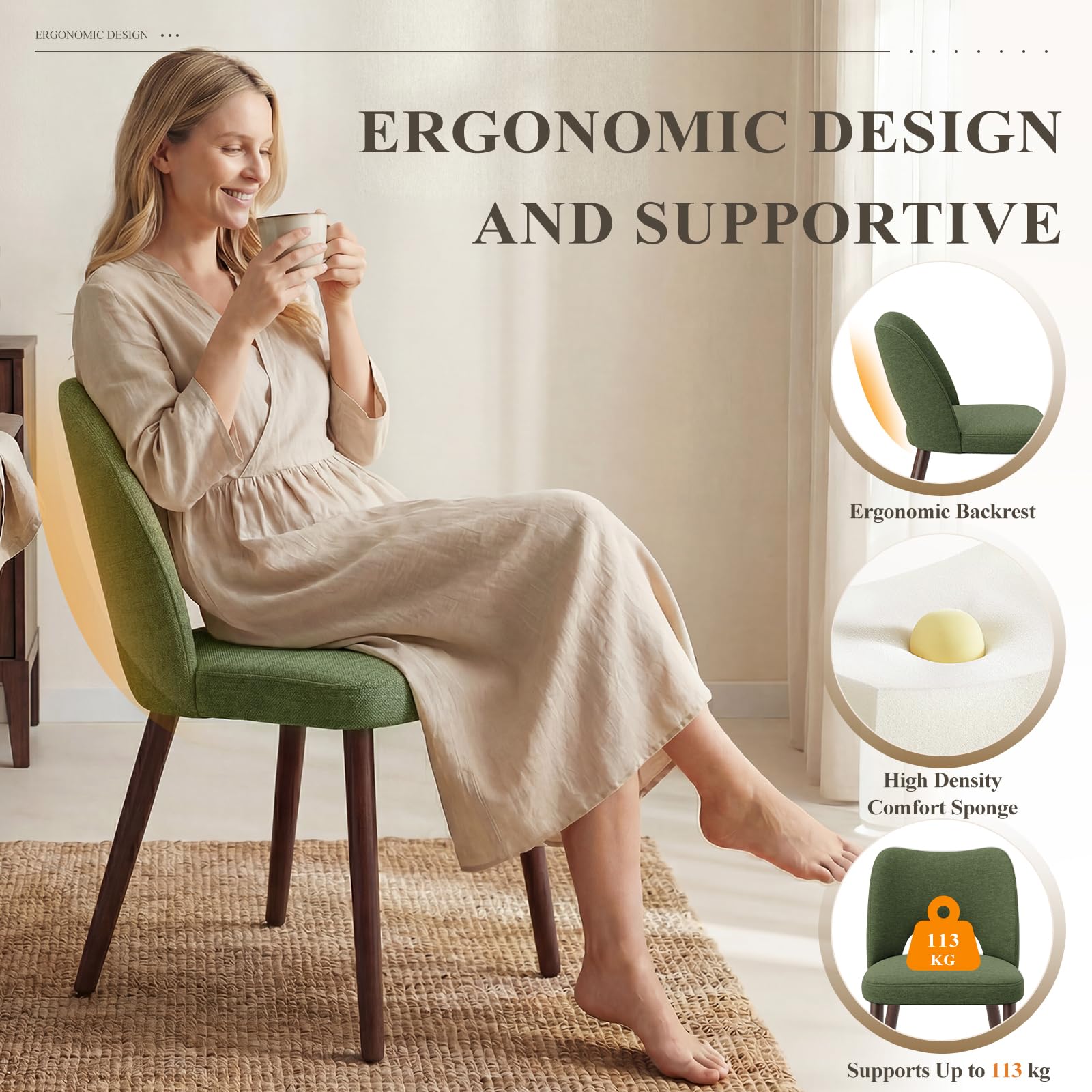 MALOL Upholstered Dining Chairs Set of 4, Fabric Chairs for Dining Room with Solid Wood Legs, Hollow Backrest and Thick Seat Cushion
