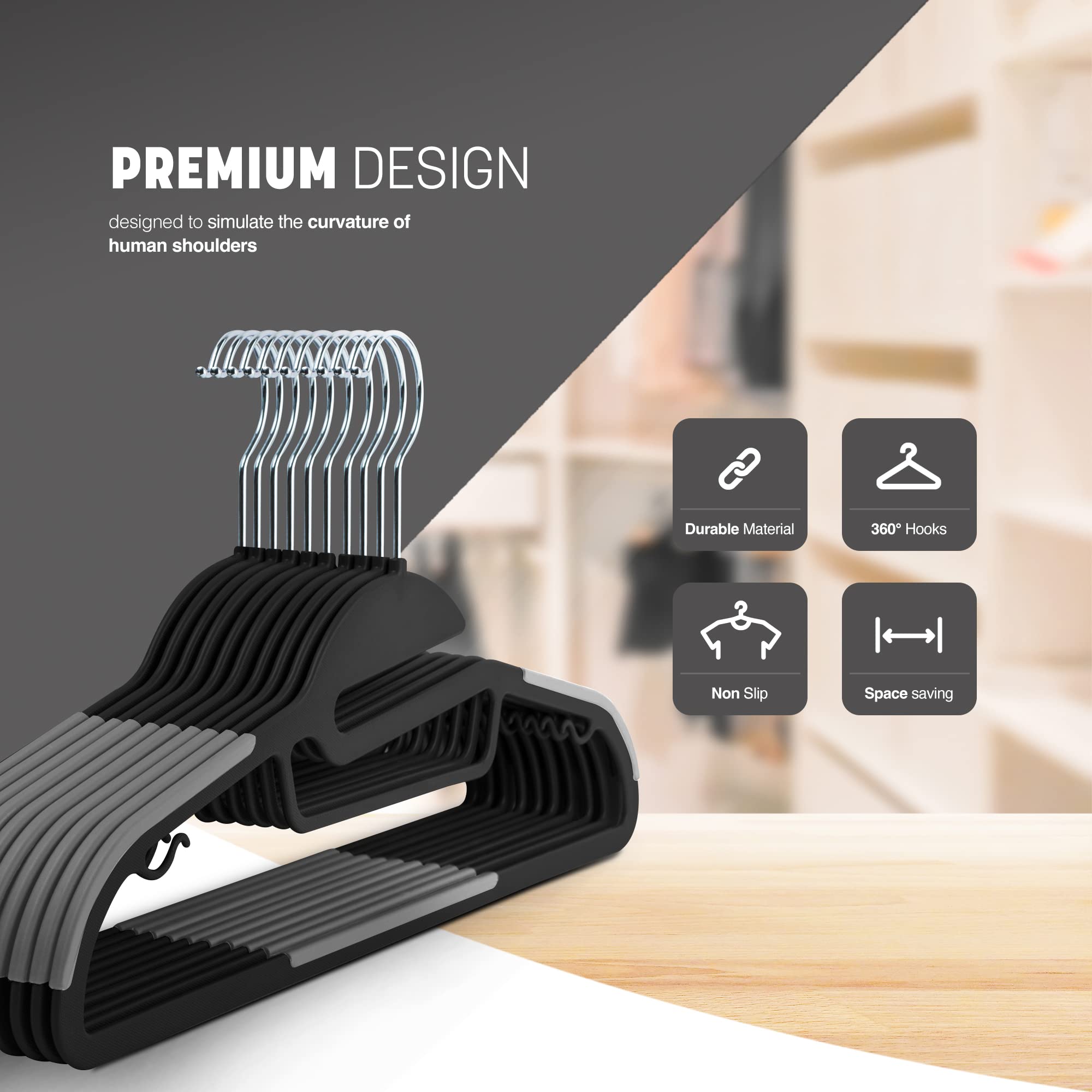 KEPLIN 20-Pack Non-Slip Hangers – Durable, Slimline Design for Space Saving with 360° Swivel, Tie Organiser, Strap Hooks, and S-Shape Opening (Black)