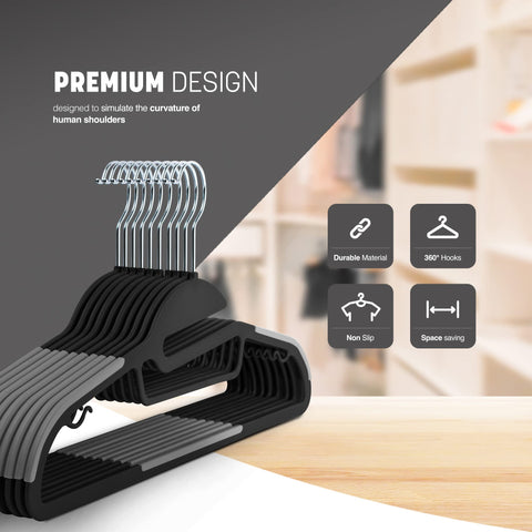 KEPLIN 20-Pack Non-Slip Hangers – Durable, Slimline Design for Space Saving with 360° Swivel, Tie Organiser, Strap Hooks, and S-Shape Opening (Black)